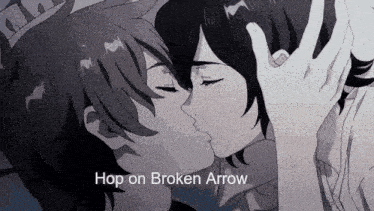 a couple of anime characters kissing with the words `` hop on broken arrow '' written above them .