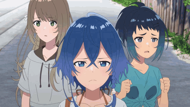 three anime girls are standing next to each other and one of them has a sad look on her face
