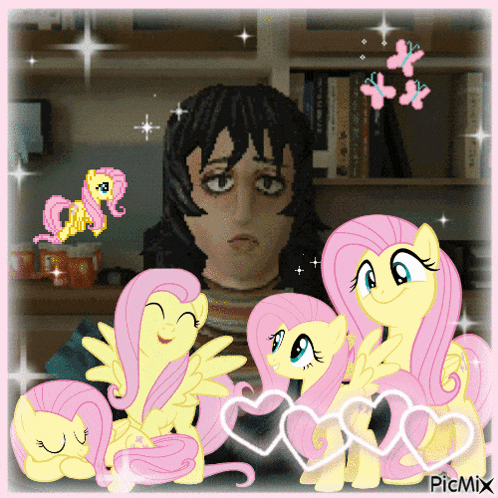 a picture of a man surrounded by pink ponies with the words picmix on the bottom