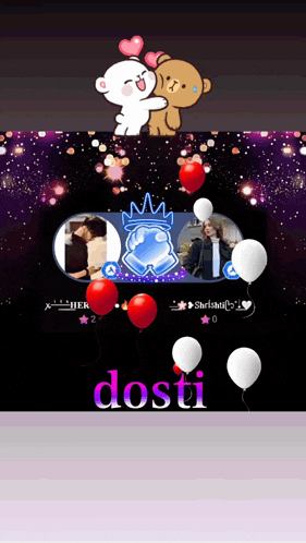 the word dosti is on a black background with red and white balloons