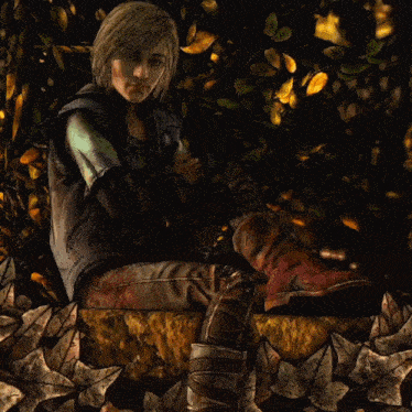 a painting of a person sitting on a rock with leaves in the background