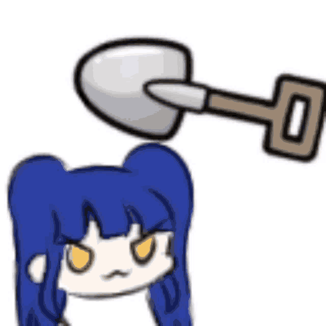 a cartoon girl with blue hair and yellow eyes is holding a shovel on her head .
