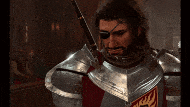 a man in armor with an eye patch and a sword in his hand