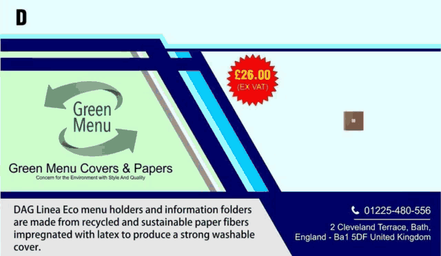 an advertisement for green menu covers and papers with a price tag of £ 26.00