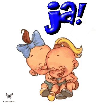 a cartoon of a boy and a girl sitting next to each other with the word ja in the background