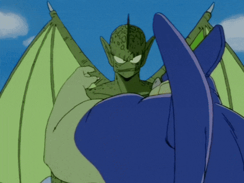 a cartoon drawing of a monster with green wings and a blue body