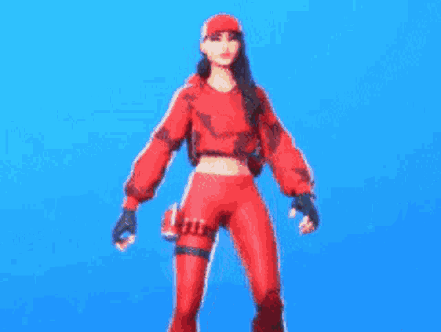a woman in a red outfit is standing in front of a blue background and pointing up .