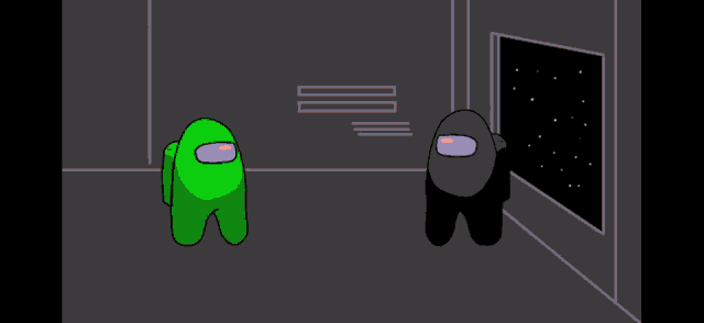 a cartoon of a green among us character eating a black character