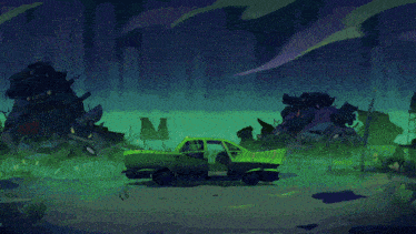 two cartoon characters are standing next to each other in front of a green car