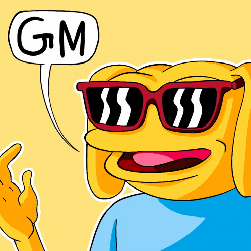 a yellow cartoon character wearing sunglasses says gm in a speech bubble