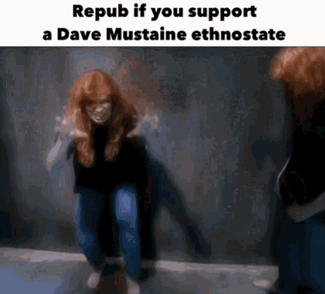 a woman with red hair is jumping in the air with the words repub if you support a dave mustaine ethnostate