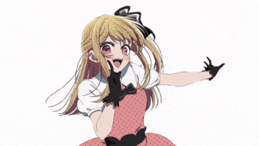 a girl in a pink dress and black gloves making a face