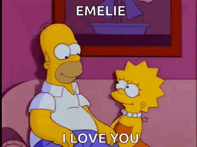 homer simpson and lisa simpson are sitting on a couch holding hands and saying i love you .