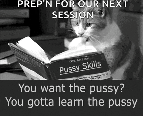 a cat is reading a book called pussy skills