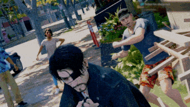 a video game screen shows a man holding a gun and another man holding a chair