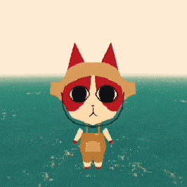 a cartoon cat wearing overalls and a hat stands in the water
