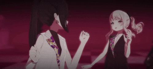 two anime girls are standing next to each other and one is covering her mouth