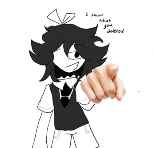 a black and white drawing of a person pointing at the camera with the words " i saw what you deleted "