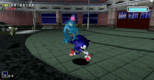 sonic the hedgehog is playing a video game with a police car in the background and the time is 000638