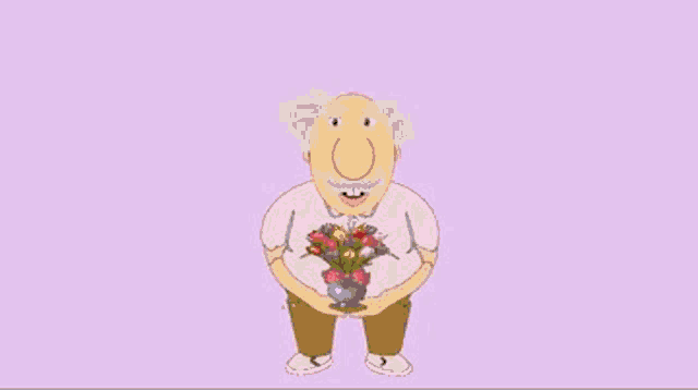 a cartoon of an elderly man holding a vase of flowers with hearts falling around him .