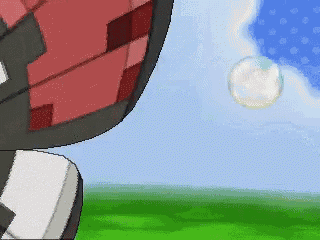 a pixel art of a person blowing a soap bubble in a field .