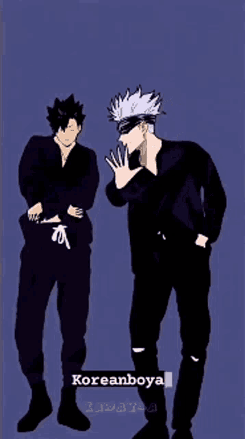 a couple of anime characters standing next to each other with the words koreanboya above them