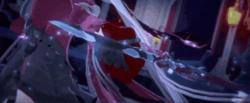 a person is holding a sword in their hand in a dark room .