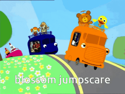 a cartoon scene with the words blossom jumpscare at the top