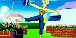 a cartoon character is standing on one leg in front of a house