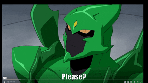 a video of a green cartoon character asking for a please