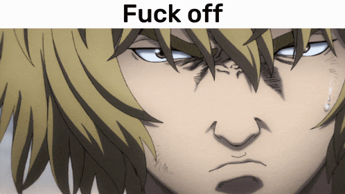 a close up of a man 's face with the words " fuck off " above it