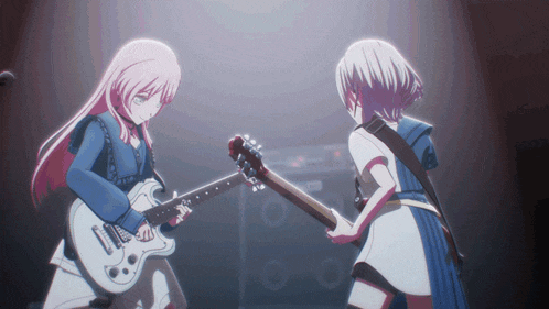 two anime girls are playing guitars in front of a microphone