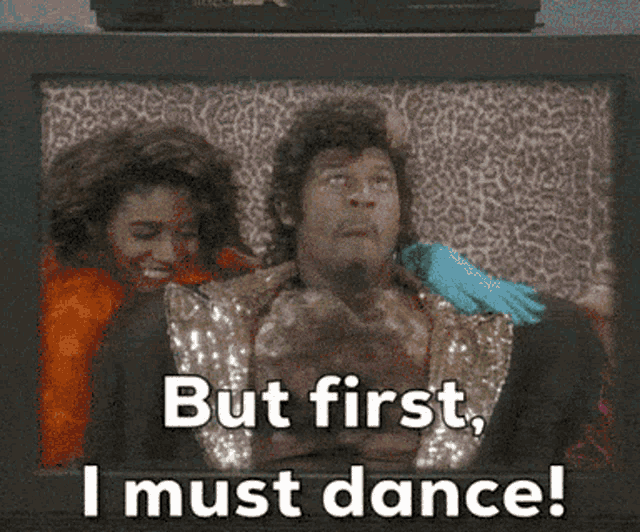 a picture of a man and a woman with the words but first i must dance on the bottom