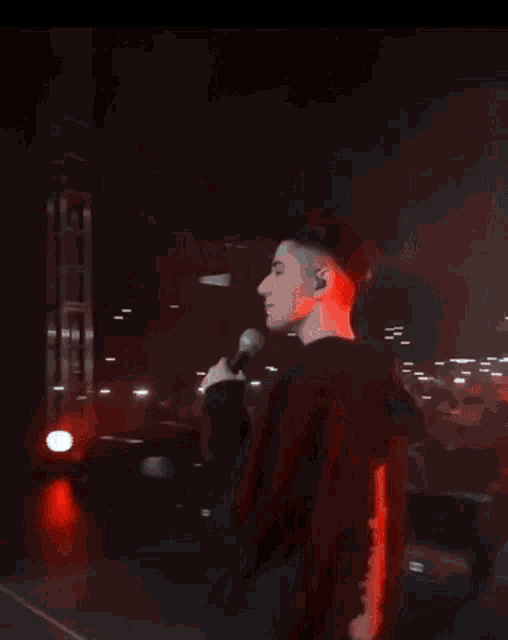 a man in a black hoodie is singing into a microphone on a stage .