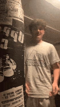 a man wearing an adidas shirt is standing in front of a punching bag