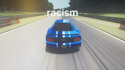 a blue mustang is driving down a race track with the word racism written above it