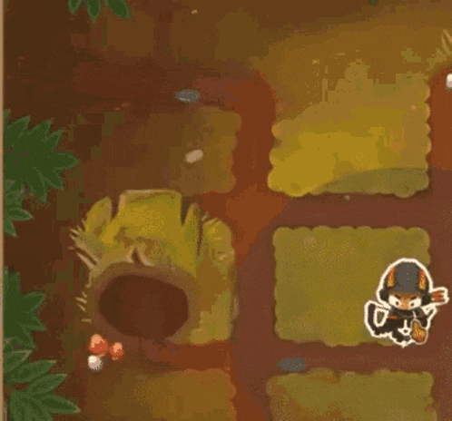 an aerial view of a video game with a cartoon character standing in a field .