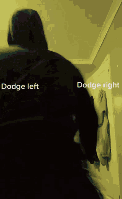 a person standing in front of a door with the words dodge left and dodge right written on it