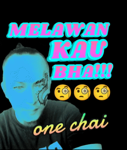 a man with a tattoo on his face is behind a sign that says melawan kau bha