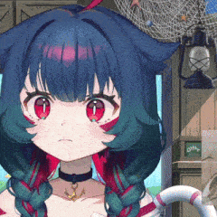 a girl with a cat ear and red eyes is standing in front of a sign that says oth