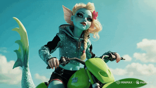 a cartoon character is riding a green motorcycle with a logo for minimax on the bottom right