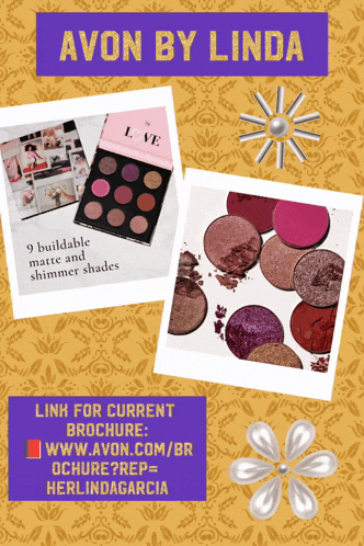 a poster for avon by linda shows a palette of eyeshadows