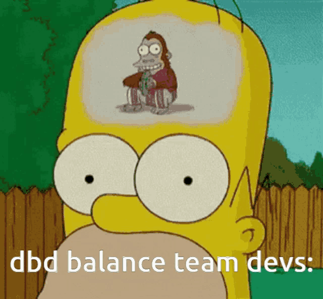 a cartoon of homer simpson with a monkey in his head and the words " dbd balance team devs "
