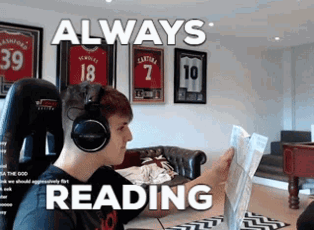 a man wearing headphones is reading a newspaper with the words always reading behind him