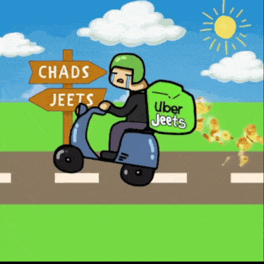 a cartoon of a man riding a scooter with an uber jeet bag