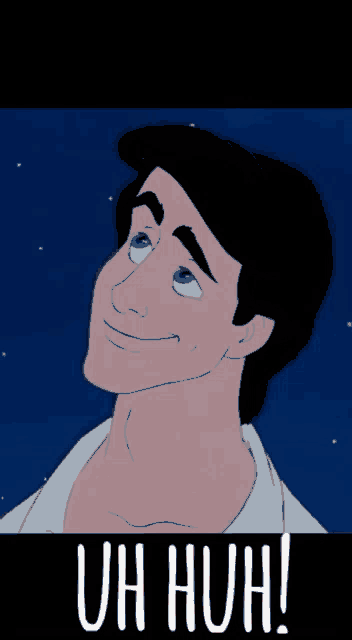 a cartoon of a man with blue eyes and the words uh huh
