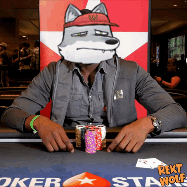 a man sitting at a poker table with a wolf head on his head