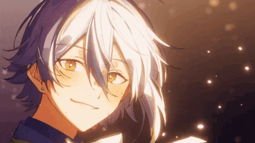 a close up of a boy with white hair and yellow eyes