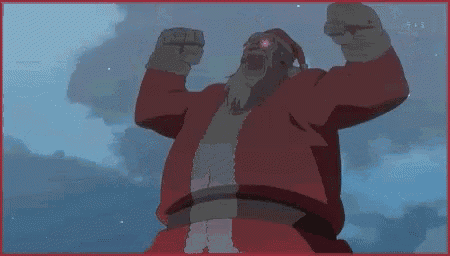 a cartoon character with red eyes is flexing his muscles while holding a sword in his hand .