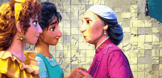 three cartoon characters are standing next to each other and talking